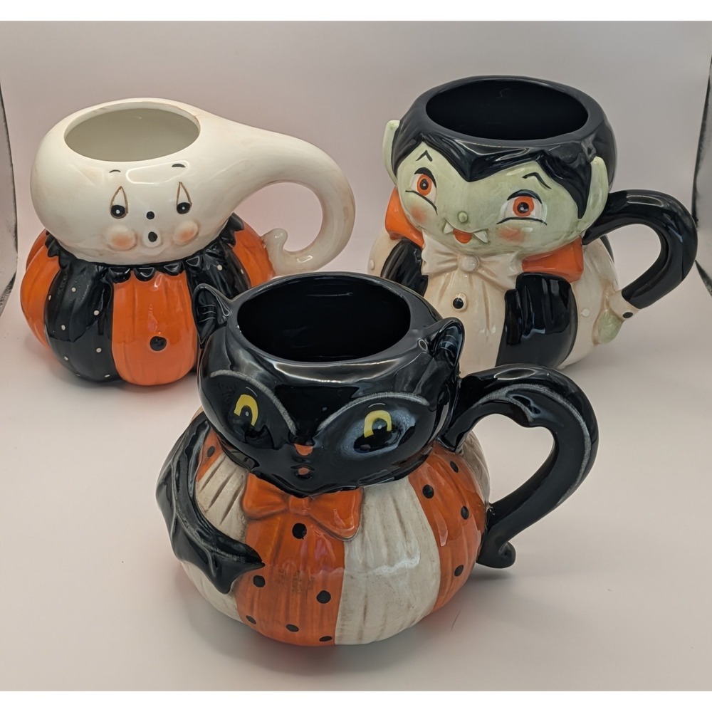 Johanna Parker Halloween Mugs Pumpkin Bat, Gus Ghost, Vampire NEW Lot Of 3